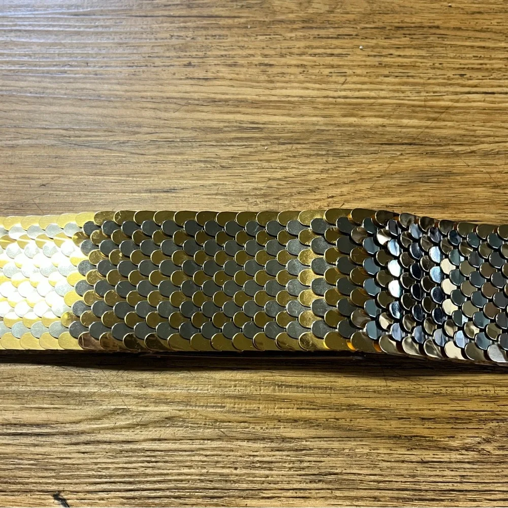 Vintage 70s Gold Silver Mixed Metal Mermaid Retro Rare Stretch Belt Chrome L/XL